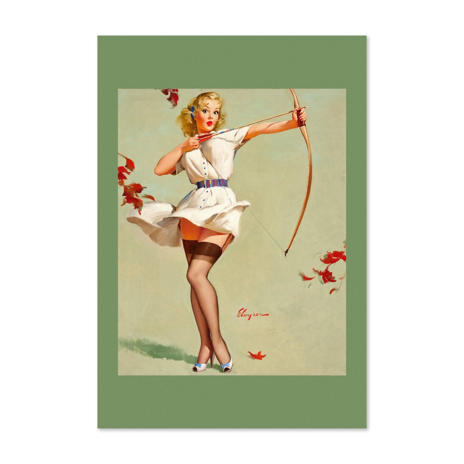 Aiming High by Gil Elvgren, pin-up poster — framed print